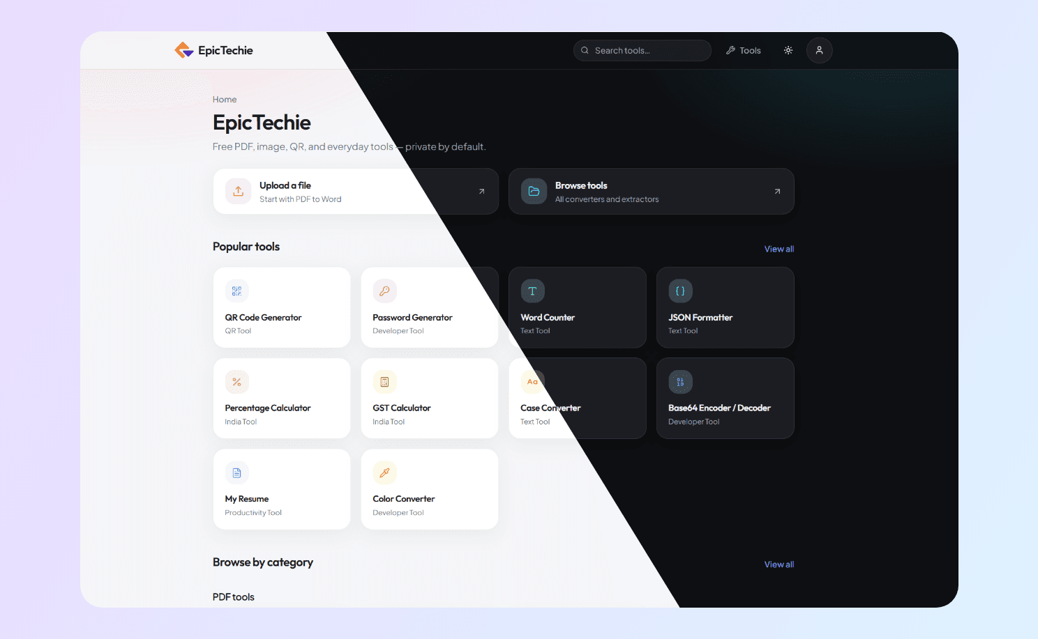 EpicTechie home with popular tools shown in light and dark mode