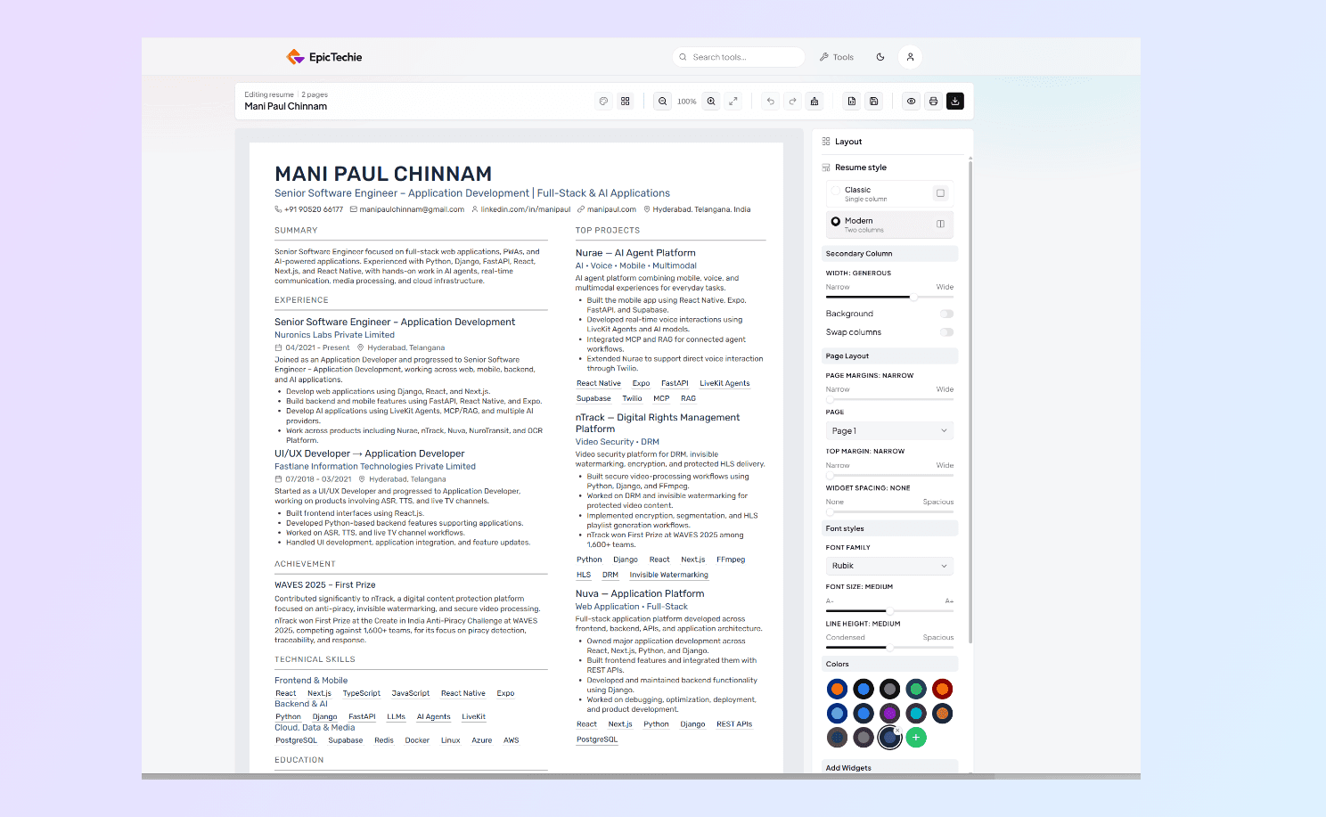 Resume builder with a live two-column preview and layout controls