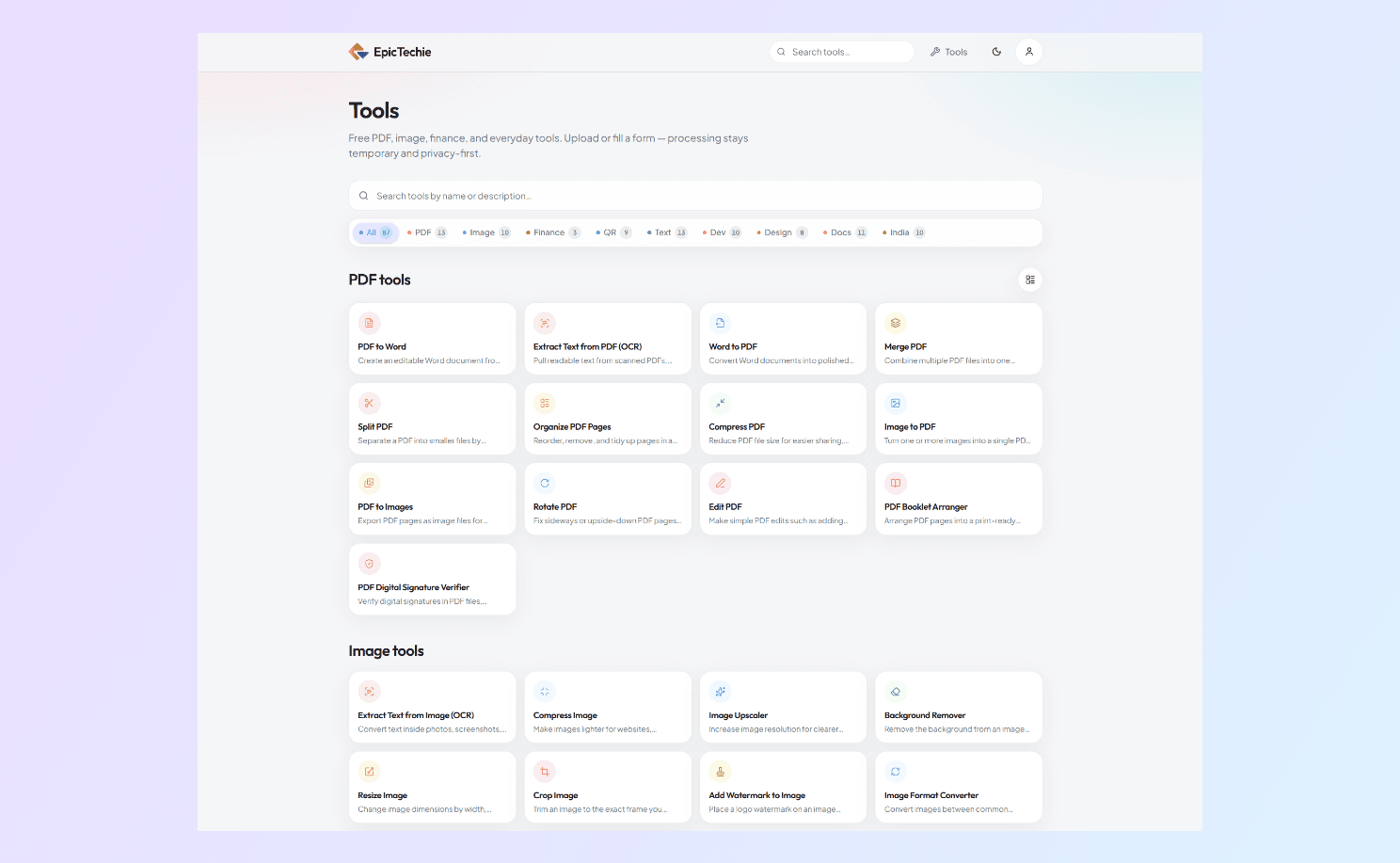 EpicTechie tools catalog filtered by PDF, image, finance, and other categories