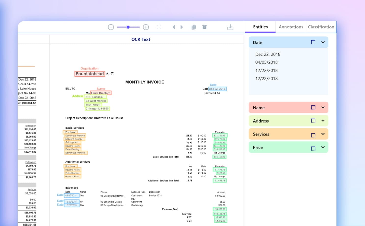 OCR Platform document extraction results