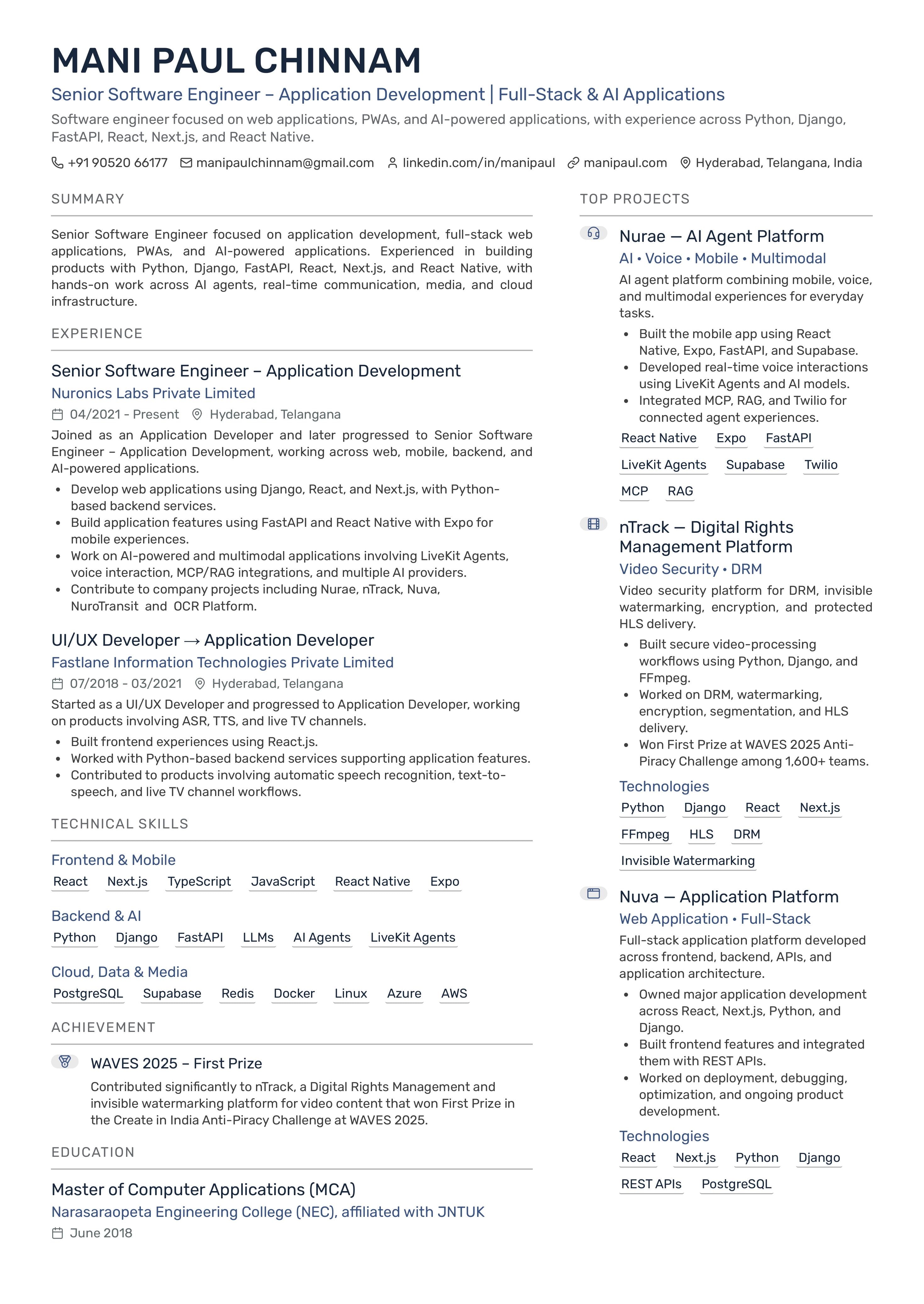 Resume of Mani Paul Chinnam